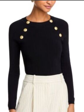Zara Black Ribbed Crewneck Stretch Sweater With Gold Buttons